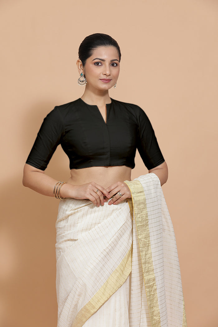 Ananya Blouse in Black Plain Cotton