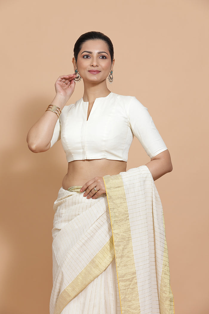 Ananya Blouse in Ivory Mist Plain Cotton