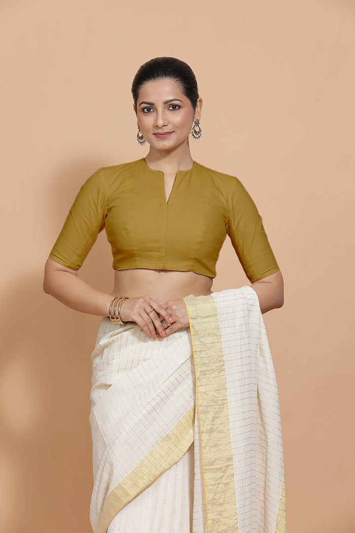 Ananya Blouse in Khaki Plain Cotton