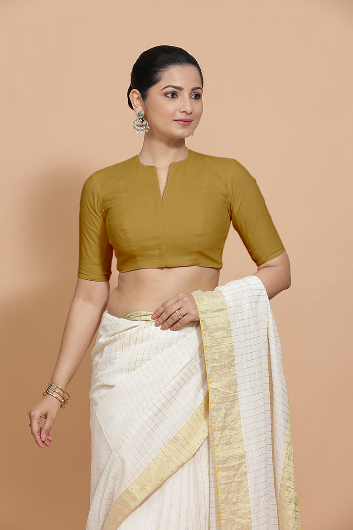 Ananya Blouse in Khaki Plain Cotton