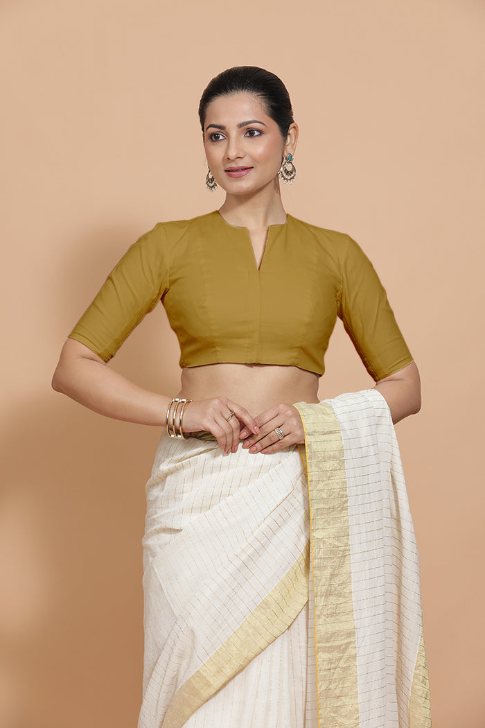 Ananya Blouse in Khaki Plain Cotton