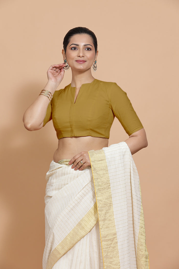 Ananya Blouse in Khaki Plain Cotton