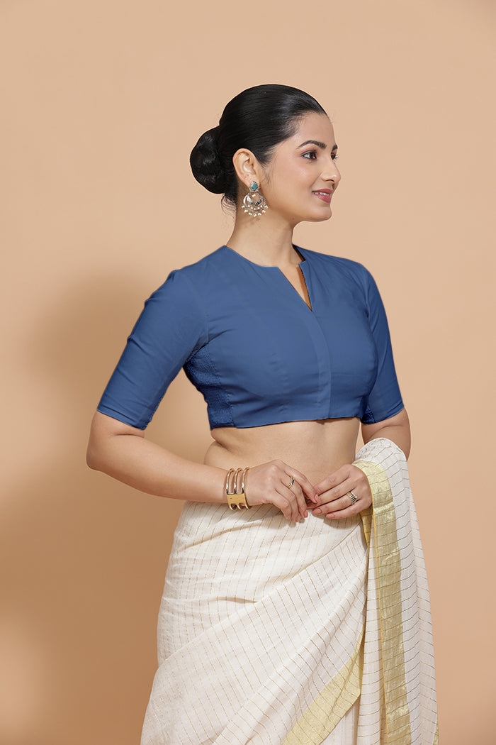 Ananya Blouse in Lapis Blue Plain Cotton