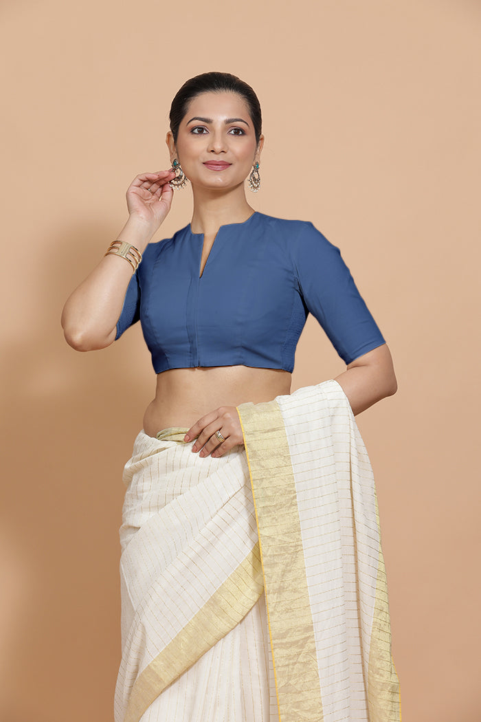 Ananya Blouse in Lapis Blue Plain Cotton