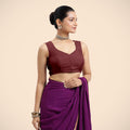 Nazia x Rozaana | Burgundy Sleeveless FlexiFit™ Saree Blouse with Front Open Curved V Neckline with Deep Back and Dori-Binks
