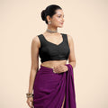 Nazia x Rozaana | Charcoal Black Sleeveless FlexiFit™ Saree Blouse with Front Open Curved V Neckline with Deep Back and Dori-Binks