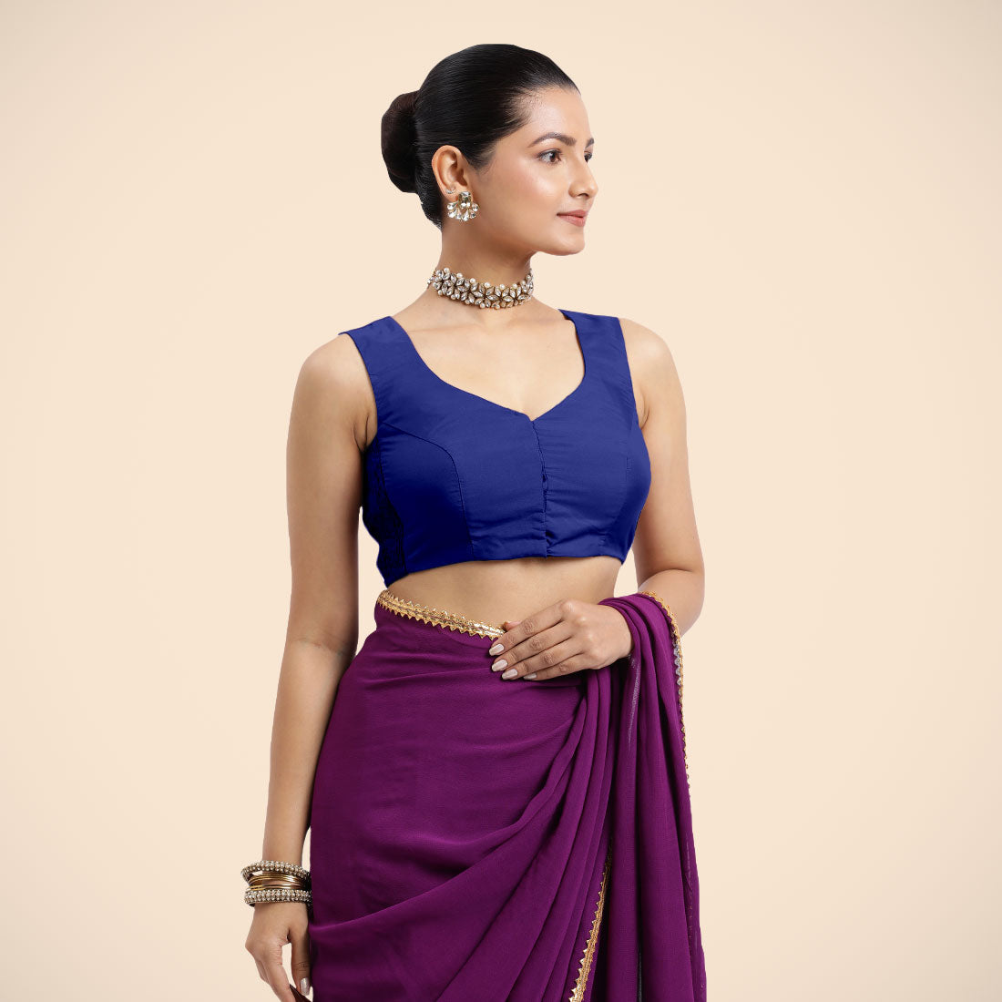 Nazia x Rozaana | Cobalt Blue Sleeveless FlexiFit™ Saree Blouse with Front Open Curved V Neckline with Deep Back and Dori-Binks