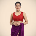 Nazia x Rozaana | Crimson Red Sleeveless FlexiFit™ Saree Blouse with Front Open Curved V Neckline with Deep Back and Dori-Binks