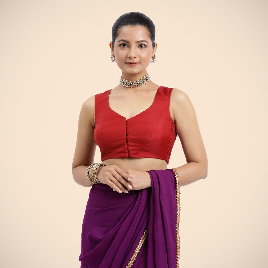 Nazia x Rozaana | Crimson Red Sleeveless FlexiFit™ Saree Blouse with Front Open Curved V Neckline with Deep Back and Dori-Binks