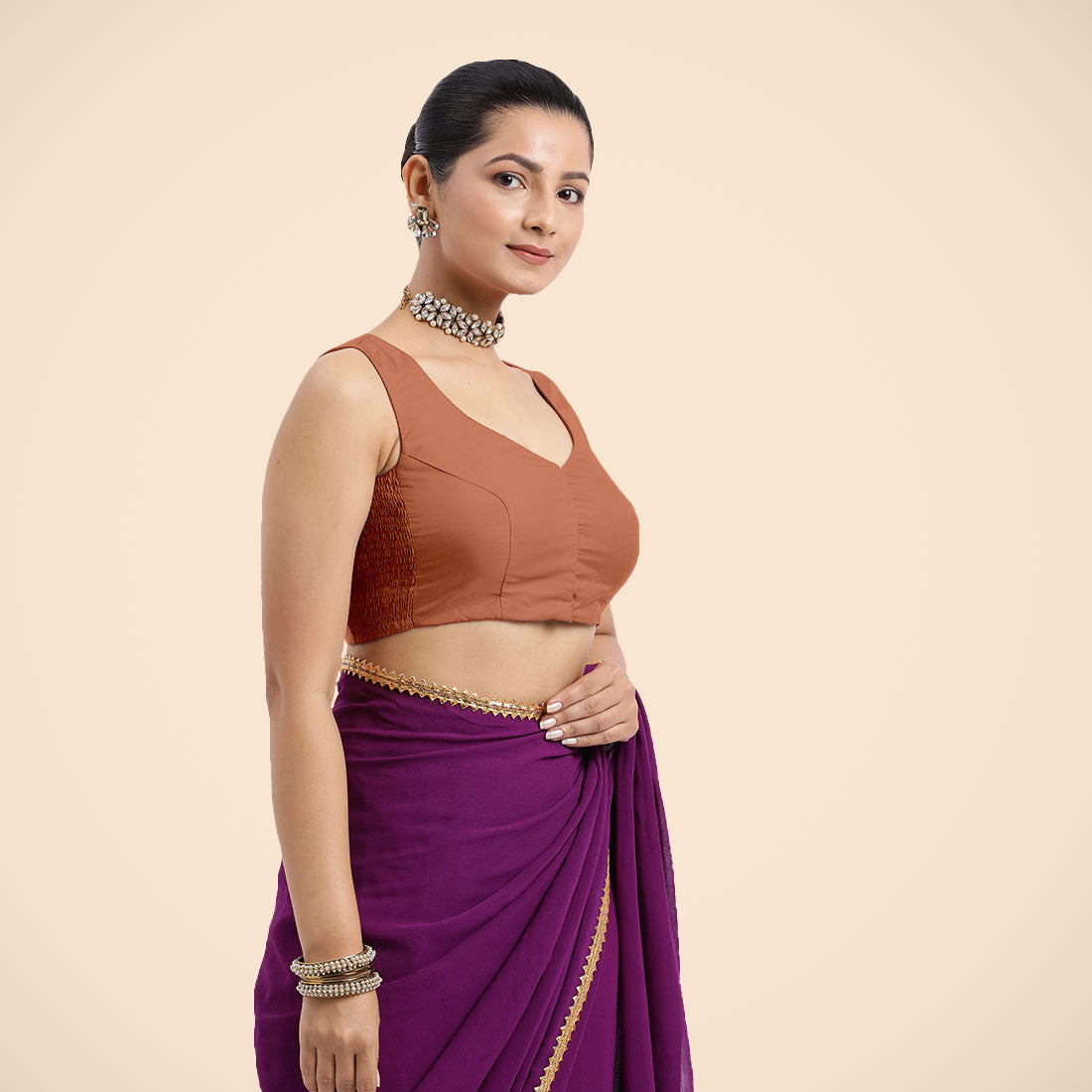 Nazia x Rozaana | Metallic Copper Sleeveless FlexiFit™ Saree Blouse with Front Open Curved V Neckline with Deep Back and Dori-Binks