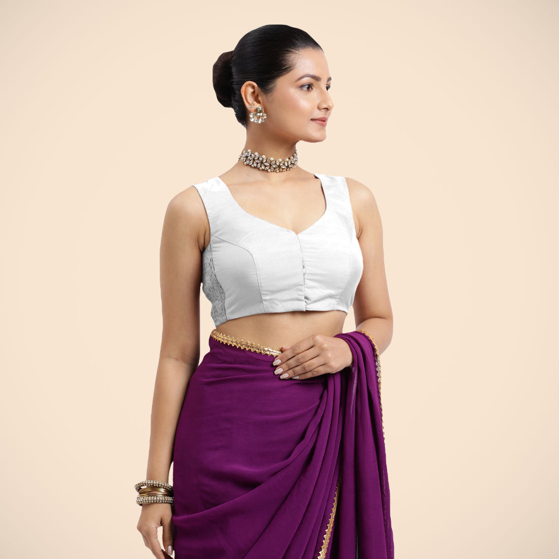 Nazia x Rozaana | Pearl White Sleeveless FlexiFit™ Saree Blouse with Front Open Curved V Neckline with Deep Back and Dori-Binks