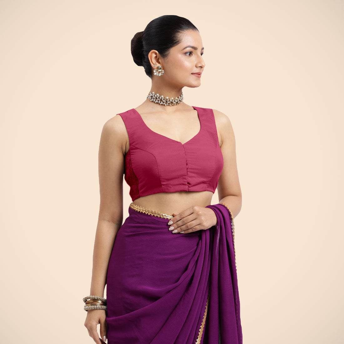 Nazia x Rozaana | Rani Pink Sleeveless FlexiFit™ Saree Blouse with Front Open Curved V Neckline with Deep Back and Dori-Binks